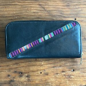 Black leather wallet with Guatemalan fabric accent